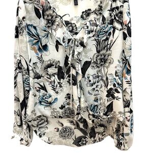 White House Black Market Black and Blue Ruffled Tie Front Blouse